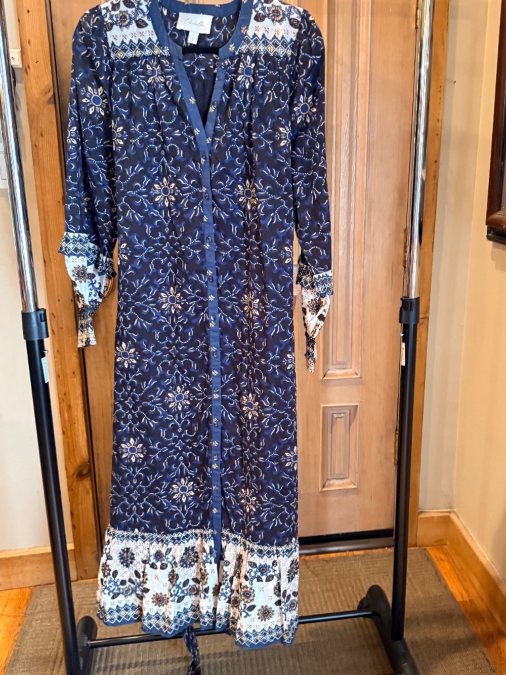 CLEOBELLA NAVY BLUE FLORAL BOHO MAXI DRESS - SIZE L - BUTTON FRONT